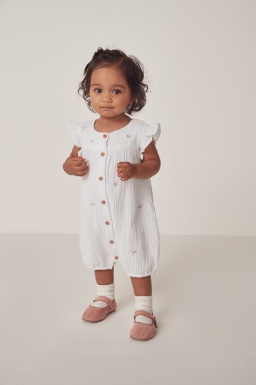 The White Company Organic Crinkle Cotton Floral Embroidered White Romper