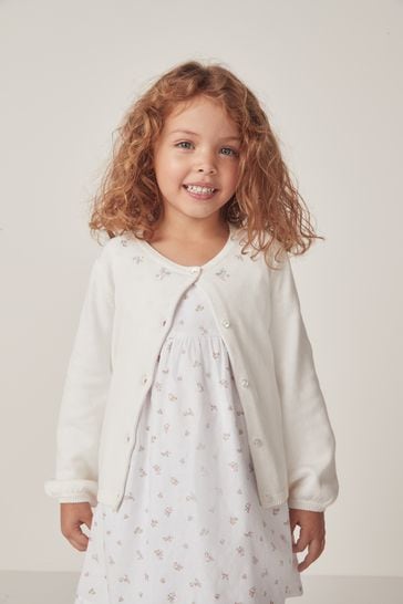 The White Company Organic Cotton Floral Embroidered White Cardigan