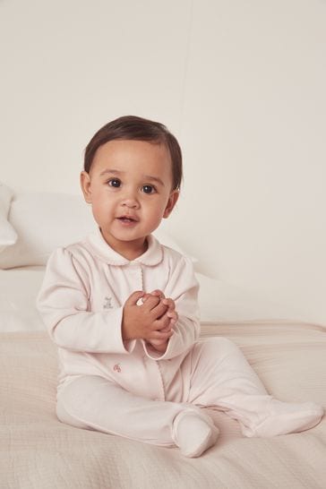 The White Company Pink Cotton Hoppy Bunny Embroidered Collared Sleepsuit