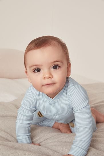 The White Company Blue Organic Cotton Bees Knees Henley Sleepsuit