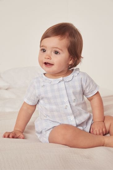 The White Company Blue Cotton Floral Embroidered Gingham Shortie Sleepsuit