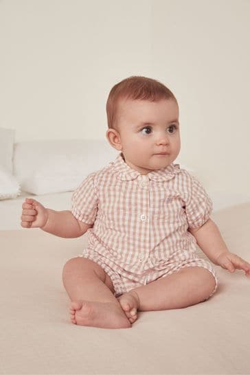 The White Company Pink Cotton Gingham Embroidered Shortie Sleepsuit