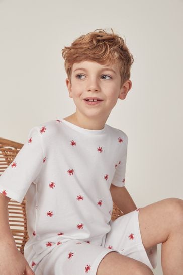 The White Company White Cotton Slim Fit Crab Print Shortie Pyjamas