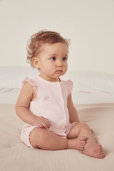 The White Company Pink Cotton Sea Animal Embroidered Shortie Sleepsuit