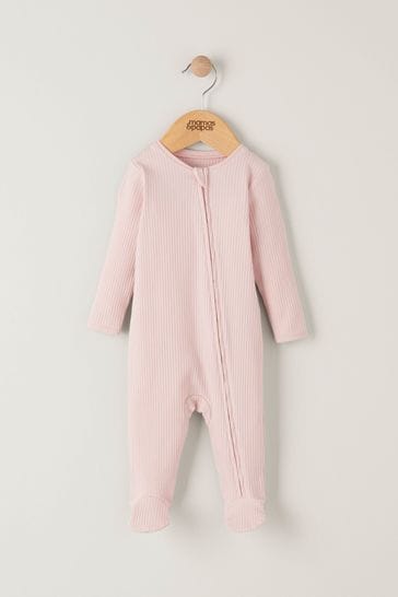 Mamas & Papas Pink Organic Rib Pink Zip Sleepsuit