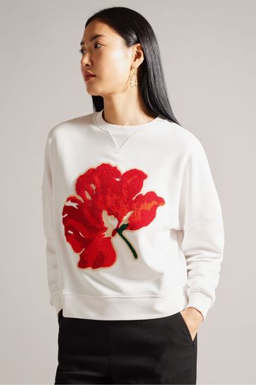 Ted Baker White Marelaa Sweatshirt With Bouclé Flower
