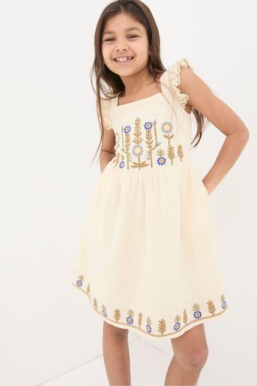 FatFace Natural Embroidered Strappy Dress