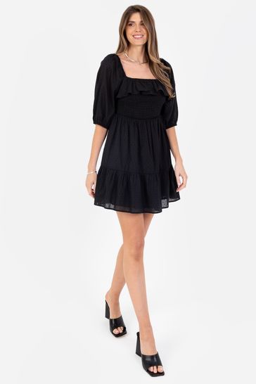Lovedrobe Black Smocked Bodice Square Neck Puff Sleeve Mini Dress