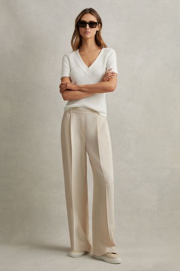 Reiss Cream Eden Half-Elasticated Wide Leg Trousers