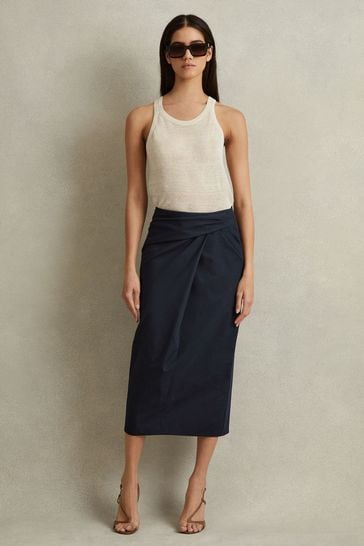 Reiss Navy Nadia Cotton Blend Wrap Front Midi Skirt