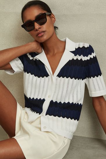 Reiss Navy/White Alba Knitted Colourblock Cuban Collar Shirt