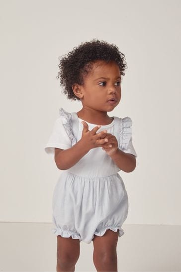 The White Company Blue Organic Cotton Hand Smocked Bubble And Pointelle T-Shirt Set