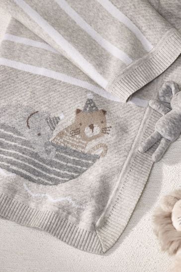 The White Company Grey Organic Cotton Noahs Ark Safari Animal Baby Blanket