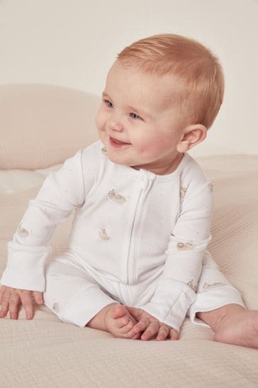 The White Company Organic Cotton Safari Boat Zip White Sleepsuit