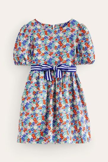 Boden Blue Cotton Linen Rainbow Dress