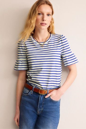 Boden Blue Crew Neck Frill Cuff T-Shirt