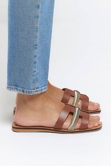 River Island Brown Leather Cut Out Strap  Sandals