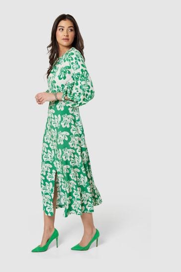 Closet London Green Print GatheNeck Midi Dress