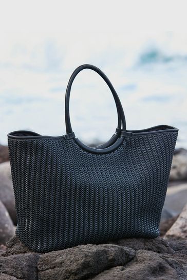 Sosandar Black Oversized Faux Leather Woven Tote Bag