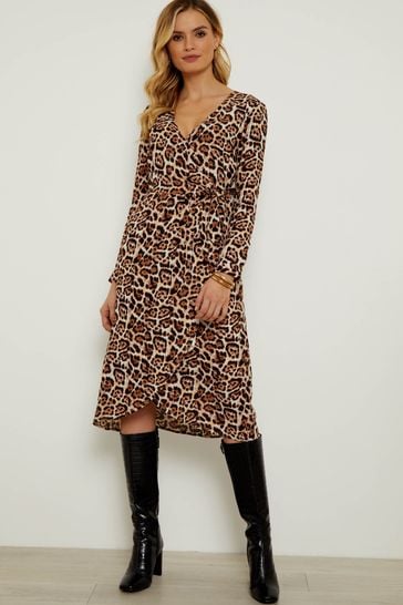 Sosandar Black/Brown Leopard Print Wrap Midi Dress