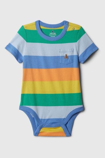 Gap Blue, Orange & Yellow Brannan Bear Stripe Pocket Short Sleeve Bodysuit (Newborn-24mths)