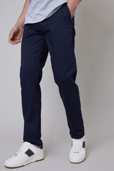 Threadbare Blue Cotton Regular Fit Chino Trousers with Stretch