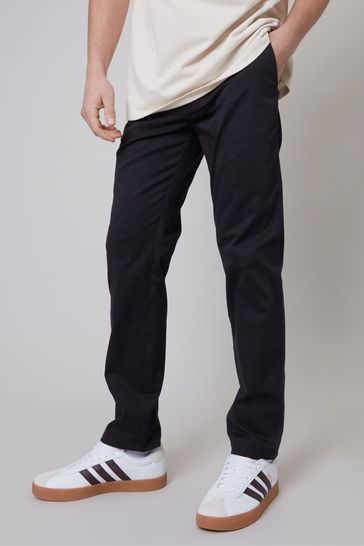 Threadbare Black Cotton Regular Fit Chino Trousers with Stretch