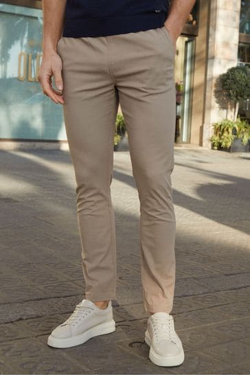 Threadbare Stone Cotton Slim Fit Chino Trousers With Stretch