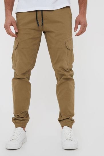 Threadbare Brown Cotton Jogger Style Cargo Trousers With Stretch