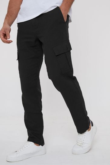 Threadbare Black Linen Blend Cargo Trousers