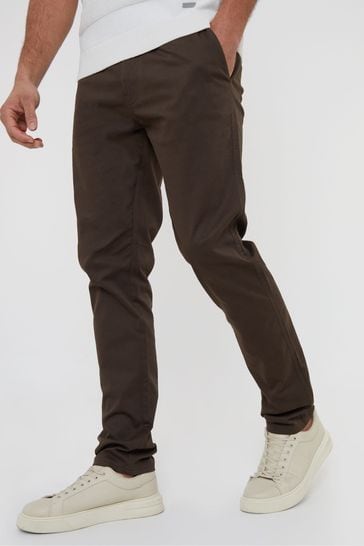 Threadbare Brown Cotton Slim Fit Chino Trousers With Stretch