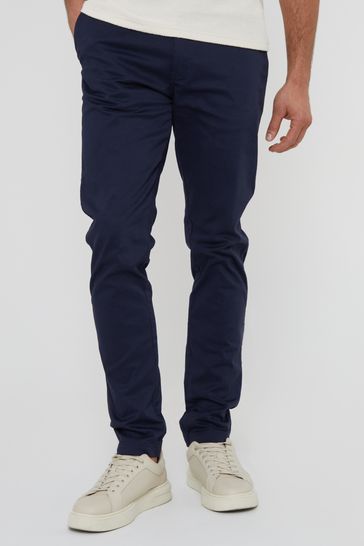 Threadbare Blue Cotton Slim Fit Chino Trousers With Stretch
