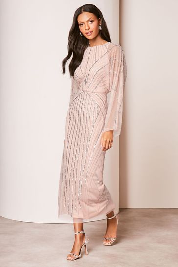 Lipsy Pink Hand Embellished Mesh Sleeve Cape Maxi Dress