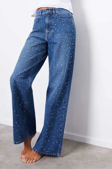Threadbare Blue Embellished Wide Leg Denim Jeans
