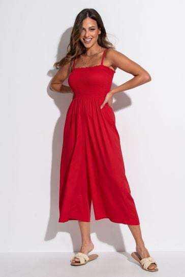 Pour Moi Red Strapless Shirred Bodice Crop Leg Beach Jumpsuit