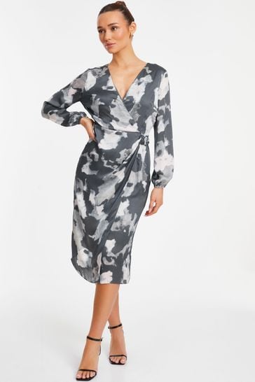 Quiz Grey Smudge Crepe Long Sleeve Midi Dress