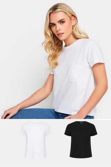 PixieGirl Petite White & Black Crochet Pocket Short Sleeve T-Shirts 2 Pack