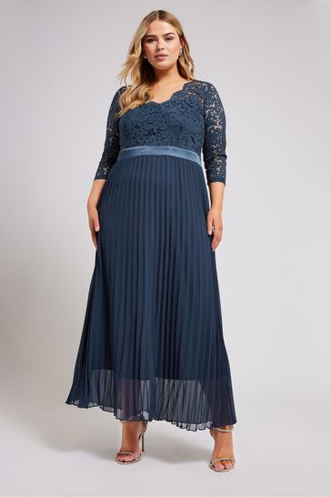 Yours Curve Blue Lace Wrap Pleated Maxi Dress