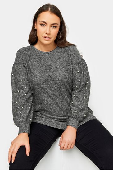 Yours Curve Grey Soft Touch Pearl Embellished Sweatshirt