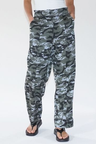 Religion Grey/Green Wide Lege Cargo Trousers in Soft Cotton