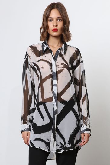 Religion White Oversized Sheer Shirt in Abstract Print