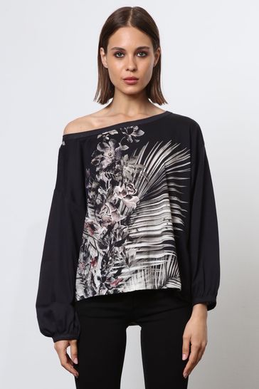 Religion Black Off the Shoulder Batwing T-Shirt With Placement Print