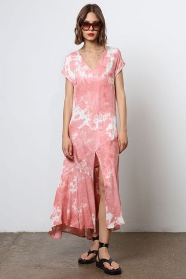 Religion Pink V-Neck Maxi Dress With Cap Sleeves in Pink Tie Dye