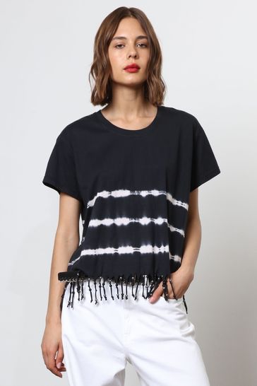 Religion Black Oversized Particle T-Shirt with Tie Dye Stripe and Tassles