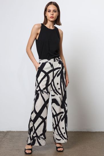 Religion Cream Wide Leg Trousers in Abstract Print With Stud Trim
