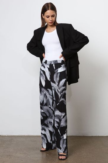 Religion Black Wide Leg Trousers in Botanic Print in Crepe