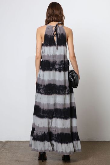 Religion Black Tie Dye Halterneck Maxi Dress With Large Floral Placement Print in Cupro