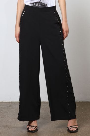 Religion Black Wide Leg Trousers With Stud Trim