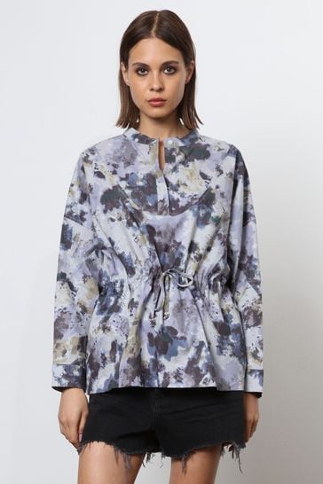 Religion Blue Floral Print Loose Fitting Shirt With Drawstring Waist