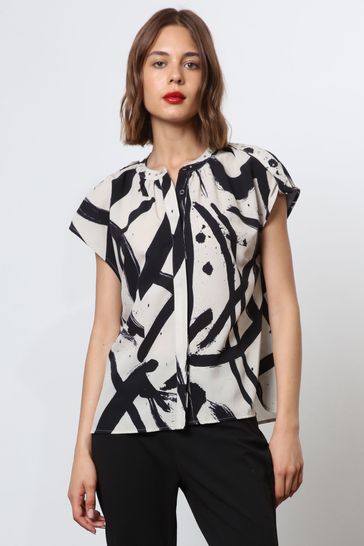 Religion Cream Cap Sleeve Shirt In Abstract Print With Studs